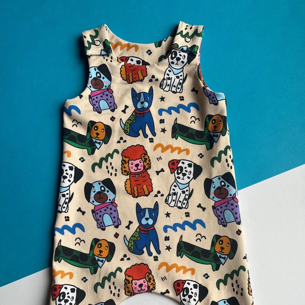 Baby Romper in Puppy Dog Print, Children's Dungarees, Newborn Baby Gift