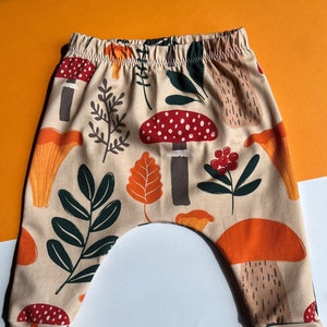 Baby Leggings, Children's Harem Pants, Autumn Mushroom Print, New Baby Gift, Organic Baby Clothes