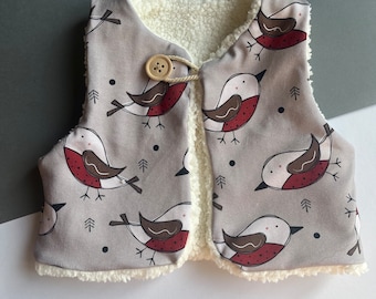 Reversible Baby Gilet, New Baby Gift, Red Robin Print