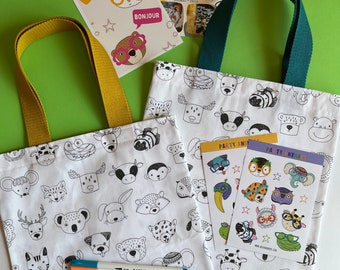 Colour In Tote Bag, Animal Faces, Craft Activity, Kids Birthday Gift