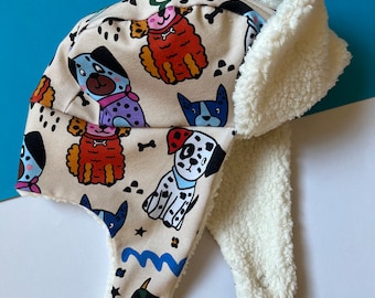 Dog Print Aviator Hat, Trapper Hat, Baby Child and Adult Sizes