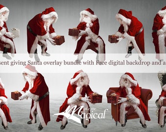 Santa overlays, Santa giving presents digital overlays, 10 x overlays, free santa snow backdrop, free vintage action and video tutorial