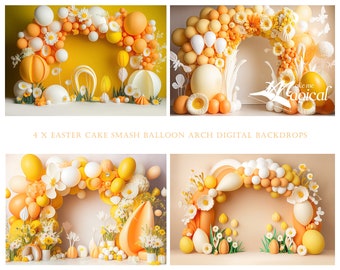 4 x Easter spring cakesmash balloon arch digital backdrops.  Easter yellow and orange digital backgrounds.  Perfect for cake smash photos