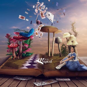 Alice digital backdrop, digital background, blue caterpiller, playing cards, fantasy book, photo drop, fairy background, wonderland
