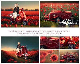 Valentines Red Vespa Scooter and Pedal Car Tulip fields digital backdrops.  4 x JPEG digital backgrounds Makememagical AI Art
