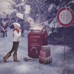Telón de fondo digital, fondo digital, telón de fondo de Navidad, buzón de Santa, carta de Papá Noel, querido Santa, carta de Navidad del padre, archivo de Photoshop