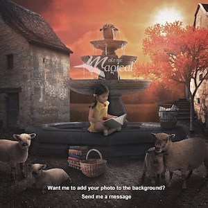 Digitial Backdrop | Digital Background | Princess Backdrop | Beauty and Beast | Belle Background | Belle Reading | Fountain scene | Sheep