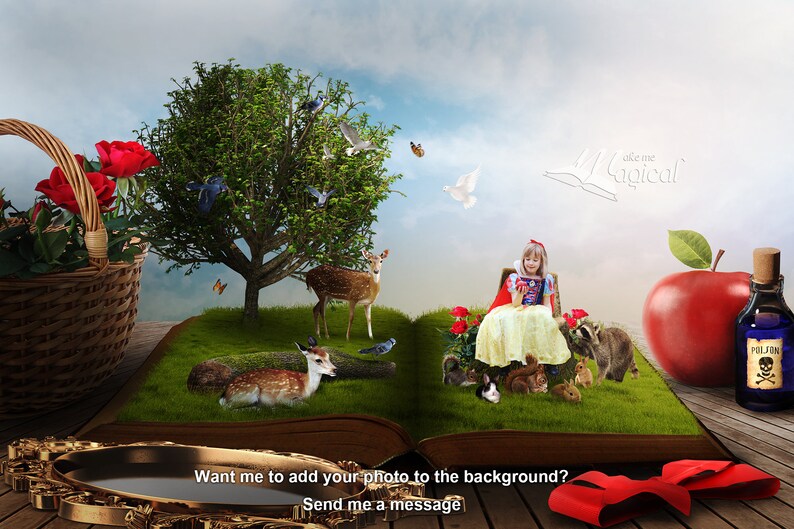 Snow white digital backdrop, snow white digital background, snow white, background, digital backdrop, poison apple, magic mirror, animals image 1