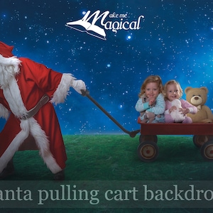 赤いおもちゃのカートを引くサンタのデジタル背景、makememagical によるクリスマスのデジタル背景、テディベアを乗せたおもちゃのワゴンを引くサンタ