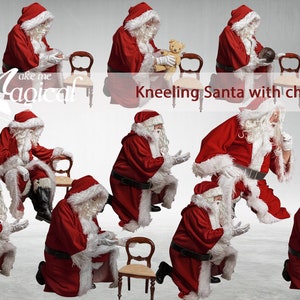 Christmas Kneeling Santa digital overlays by Makememagical.  Photoshop Santa transparent PNG file overlays Pack of 11 & FREE action