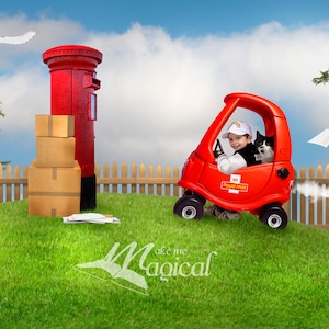 Postman Pat and Jess the cat digital backdrop, Post man digital background.  Postal service delivering parcels and letters in a post van