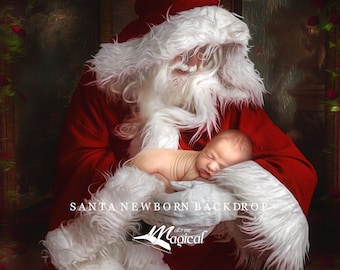 Santa pose for newborn baby Christmas digital backdrop, santa digital xmas background holding newborn baby by makememagical