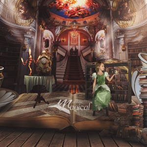 Beauty and the Beast backdrop, Belle library fantasy book miniature scene, digital backdrop, digital background, photo drop, library, books