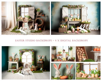 Easter photo studio digital backdrops.  4 makememagical digital backgrounds for easter, easter eggs, easter rabbits, spring digitals ai art