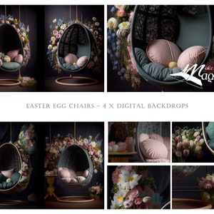 Telones de fondo digitales con forma de huevo colgante y diseño bohemio floral. 4 telones de fondo digitales, sillas con flores oscuras en forma de huevo de makememagical
