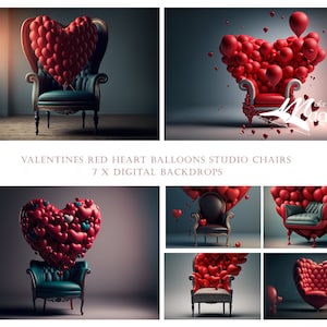 Valentines red balloon heart shaped studio chair digital backdrops. 7 x JPEG digital backgrounds.  Makememagical AI Art.  Valentines day