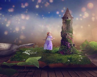 Rapunzel digitale Kulisse, Prinzessin digitalen Hintergrund, Rapunzel Turm, Fantasy-Buch-Szene, Rapunzel Laternen, digitale Kulisse, Hintergrund