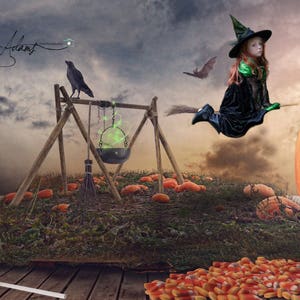Digital Backdrop, digital background, halloween backdrop, pumpkin, cauldron, crow, candy, witch, spell, potion, slime, broom, fantasy book