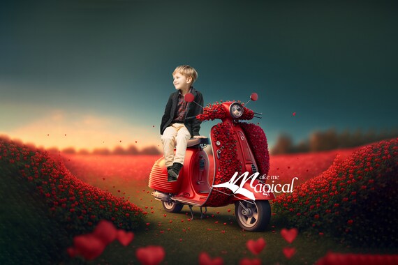 Valentinstag Rote Vespa Roller und Tretauto Tulpenfelder digitale Kulissen.  4 x JPEG digitale Hintergründe Makememagical AI Art - .de