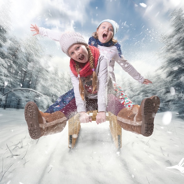 Snow sledge zoom PSD with FREE snow overlay digital backdrop by Makememagical