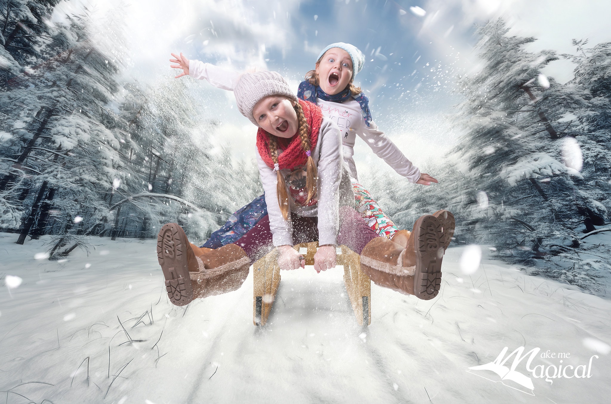 Snow sledge zoom PSD with FREE snow overlay digital backdrop by Makememagical