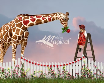 Valentines Day digital backdrop Heart Love shape giraffe digital backdrop with rose in garden with white fence and grass digital background