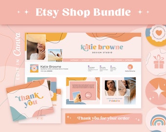May include: A pink and orange Etsy shop bundle featuring a thank you card, a banner with the text "katie browne DESIGN STUDIO", and a range of other graphics. The bundle is designed to help Etsy sellers create a consistent brand identity.