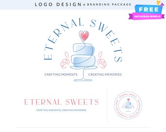 Logotipo elegante de pastel de bodas en tonos pastel: Kit de marca de panadería personalizado