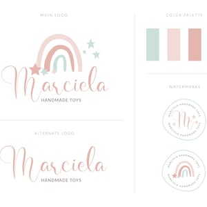 Logotipo bohemio divertido con ilustración de arcoíris y fuente manuscrita: una marca original para marcas de bebés, tiendas artesanales y creadores de estilo de vida.