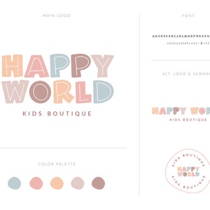 May include: A logo design for a children's boutique called "Happy World". The logo features the words "Happy World" in a playful, colourful font with a light blue, pink, peach, and brown colour scheme. The text "Kids Boutique" is written below the logo in a smaller font.