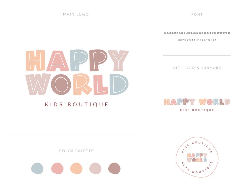 May include: A logo design for a children's boutique called "Happy World". The logo features the words "Happy World" in a playful, colourful font with a light blue, pink, peach, and brown colour scheme. The text "Kids Boutique" is written below the logo in a smaller font.