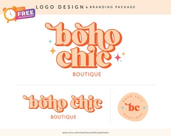 Custom Branding, Bohemian Branding Kit, Boho Retro Logo, Text Logo Vintage Brand Design, Hippie Modern Shop Logo, Vintage Branding