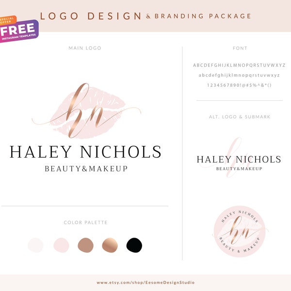 Watercolor Lips Logo Design for Makeup Artist, Premade Branding with Blush Pink Lips and Rose Gold Initials, Small Business Logo Bundle
