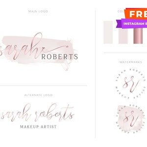 Rose Gold Logo Design, Pink Watercolor Logo Branding Kit, Watermark for Photography, Whimsical custom logo maker, Logo Branding Package