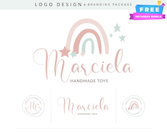 Boho Rainbow Logo: Whimsical Branding Kit for Handmade Shops