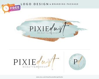 Watercolor Logo Script Calligraphy Aqua, Custom Logo Design, Boutique Blogger Watermark Stamp, Photography logo, Chic Branding Board