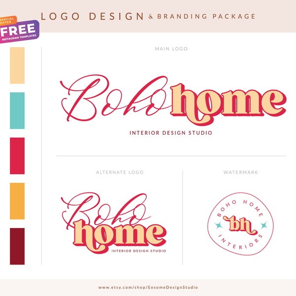 Boho Retro Logo, Text Logo Vintage Brand Design, Modern Hippie Boutique Shop Logo, Bohemian 60s 70s Branding Kit, Feminine Logo Blog Header