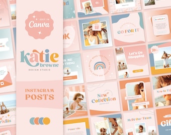 May include: A collection of 12 Instagram post templates featuring a pink and blue colour scheme with various text overlays. The text includes "Edit in Canva", "katie browne", "DESIGN STUDIO", "INSTAGRAM POSTS", "GO FOR IT", "Let's Go Shopping", "New Collection", "Please Note", "Meet Our Team", "New In This", "Reminder", and "Gift".