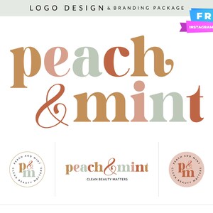 May include: A logo design and branding package with the words "peach & mint" in a stylish font. The color palette includes peach, mint green, and brown. The image also includes a "FREE INSTAGRAM BUNDLE" banner and logo variations.