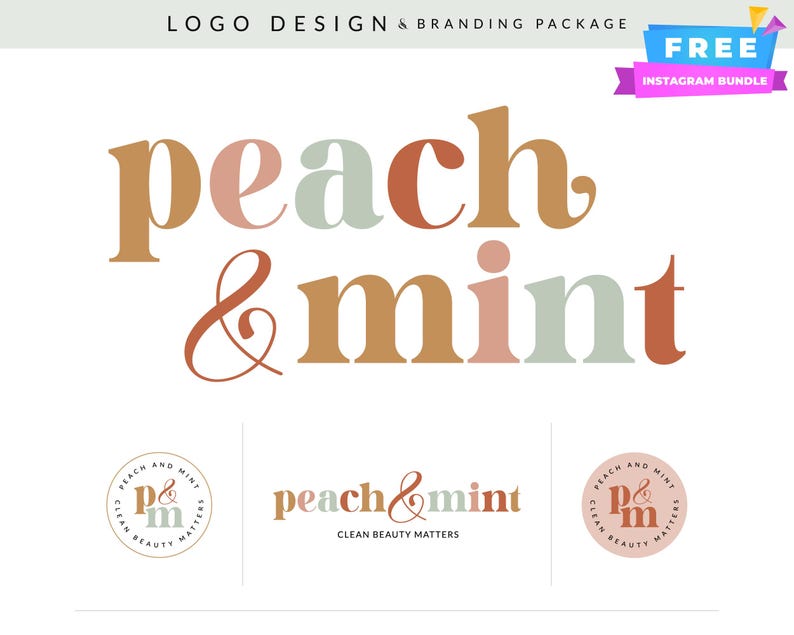 May include: A logo design and branding package with the words "peach & mint" in a stylish font. The color palette includes peach, mint green, and brown. The image also includes a "FREE INSTAGRAM BUNDLE" banner and logo variations.