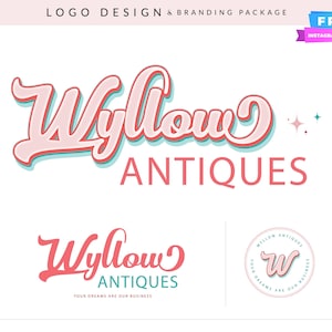 Puede incluir: Un diseño de logotipo para un negocio llamado "Wyllow Antiques" con el lema "Tus sueños son nuestro negocio". El logotipo presenta una fuente de letra cursiva rosa y azul con una "W" estilizada en un círculo.