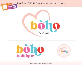 Boho Heart Logo, Modern Logo, Minimal Logo, Retro Logo, Colorful Logo, Branding Kit, Brand Identity, Small Business Logo, Bright Logo