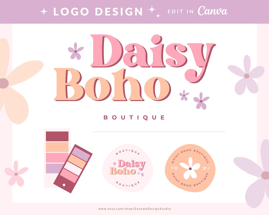 Colorful Boho Logo Branding Kit Canva Template, DIY Editable Retro Logo ...