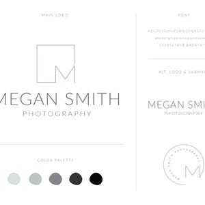 May include: A minimalist logo design for a photography business called "Megan Smith Photography". The logo features a stylized letter "M" inside a square. The color palette includes light blue, gray, and black.