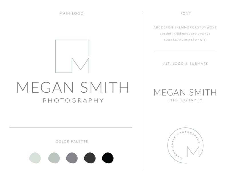May include: A minimalist logo design for a photography business called "Megan Smith Photography". The logo features a stylized letter "M" inside a square. The color palette includes light blue, gray, and black.