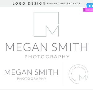 May include: A logo design for a photography business called "Megan Smith Photography". The logo features a stylized letter "M" inside a square frame. The name of the business is written below the logo in a simple, modern font.