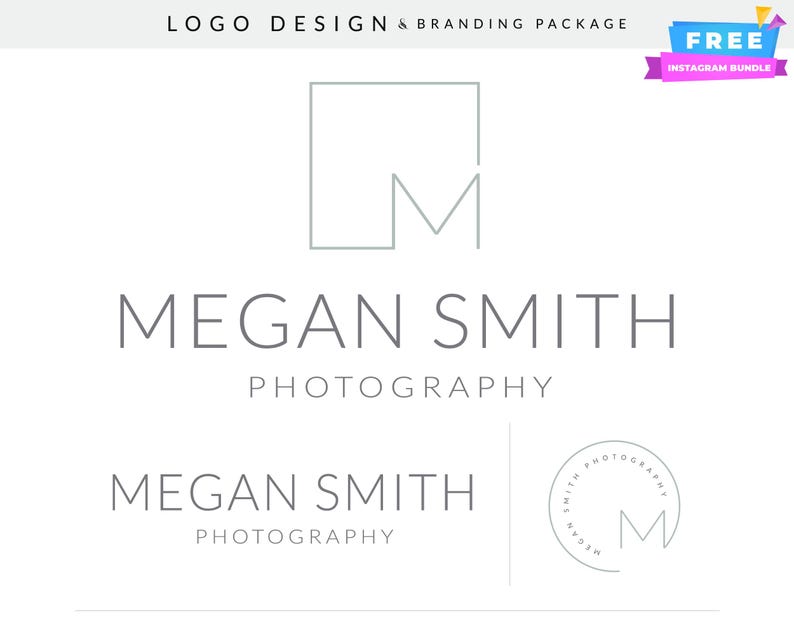 May include: A logo design for a photography business called "Megan Smith Photography". The logo features a stylized letter "M" inside a square frame. The name of the business is written below the logo in a simple, modern font.