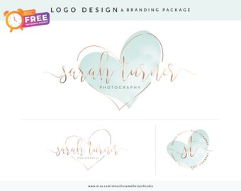 Beauty Logo Design Business Branding Package, Premade Mint Teal Gold Logo, Watercolor Logo, Photography Watermarks, Gold Logo, Logo Bundle