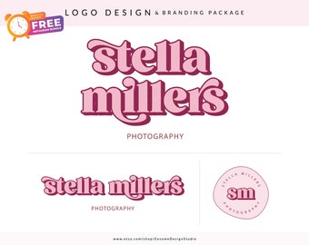 Pink Retro Logo, Pretty Beauty Logo Bundle, Funky Logo Branding Set, Boho Premade Vintage Business Card Design, Hippie 70s Bohemian logo