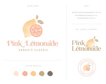 Lemon Logo, Pink Lemonade Food Logo, Health Food Logo, Fruit Sorbet Logo Design, Event Catering Chef Premade Branding Kit Logo